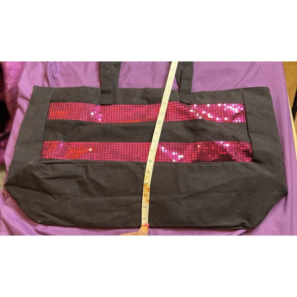 Victoria's Secret Women's Extra Large Black Canvas And Pink Sequin Tote Bag EUC
